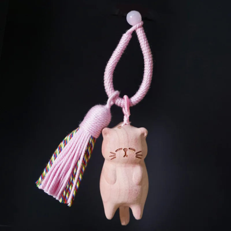 Log Carving Lazy Cat Pendant Beech Gold Sandalwood Blood Cypress Wood Carving Lucky Cat DIY Fringed Keychain