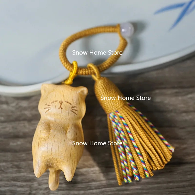 Log Carving Lazy Cat Pendant Beech Gold Sandalwood Blood Cypress Wood Carving Lucky Cat DIY Fringed Keychain