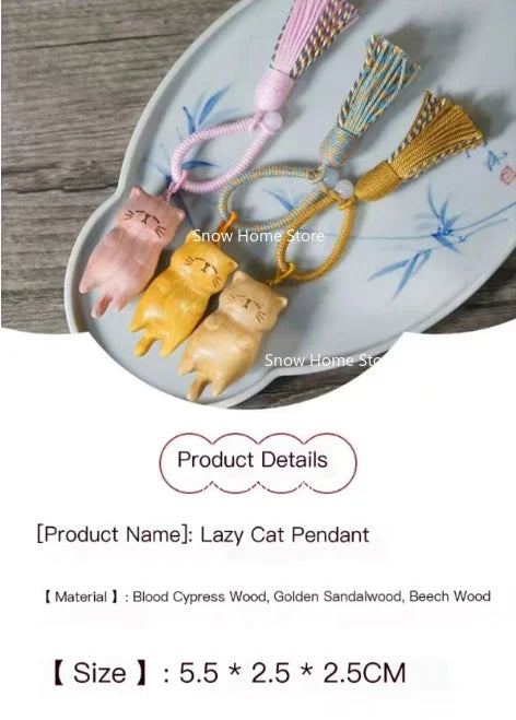 Log Carving Lazy Cat Pendant Beech Gold Sandalwood Blood Cypress Wood Carving Lucky Cat DIY Fringed Keychain